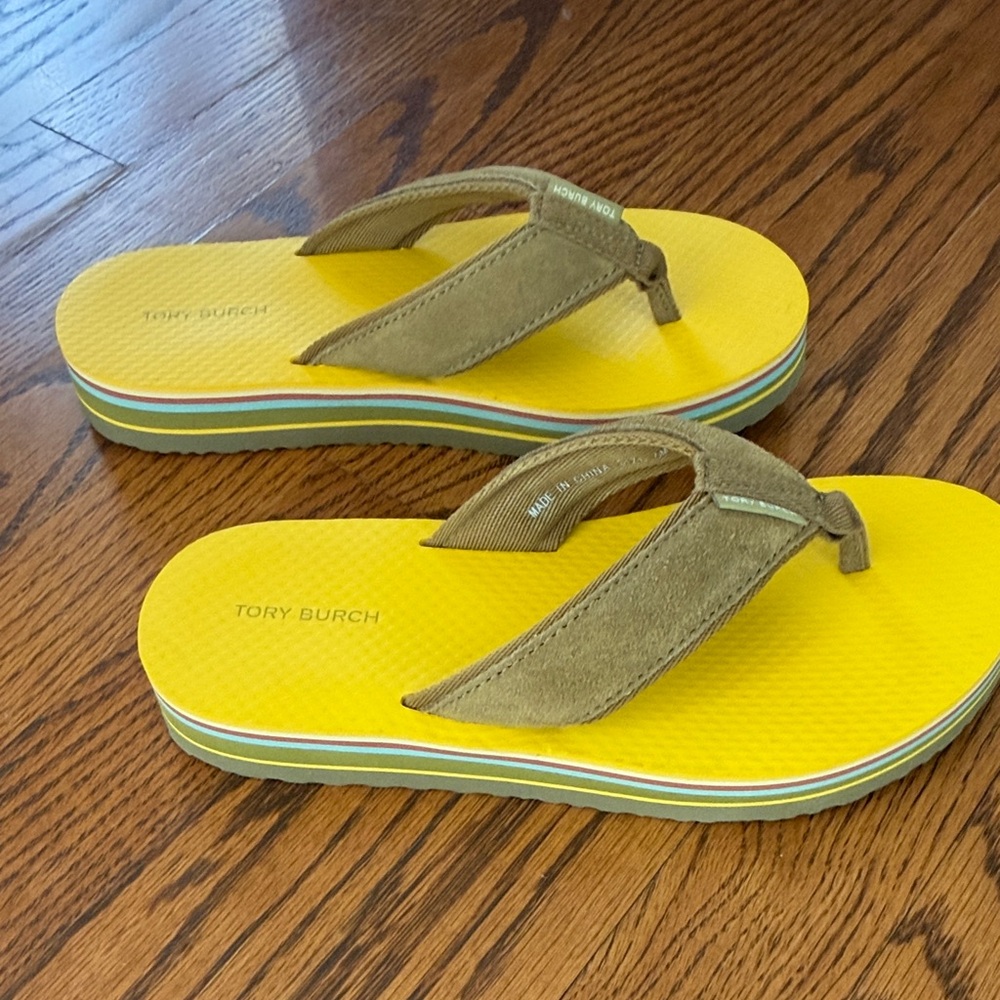 Tory Burch women's Yellow Flip Flops with Olive Suede Straps🌿